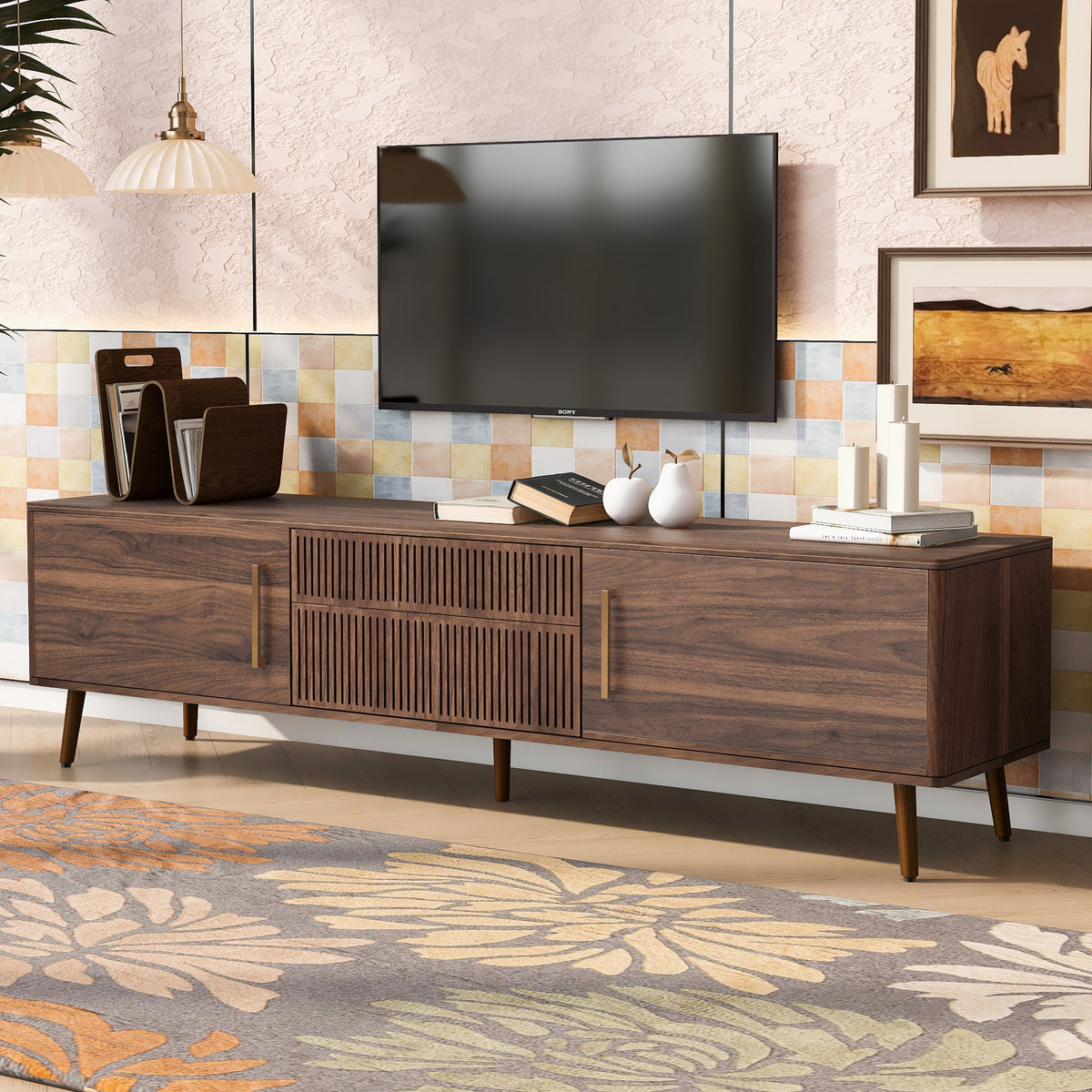 Faversham TV stand with the drawers open