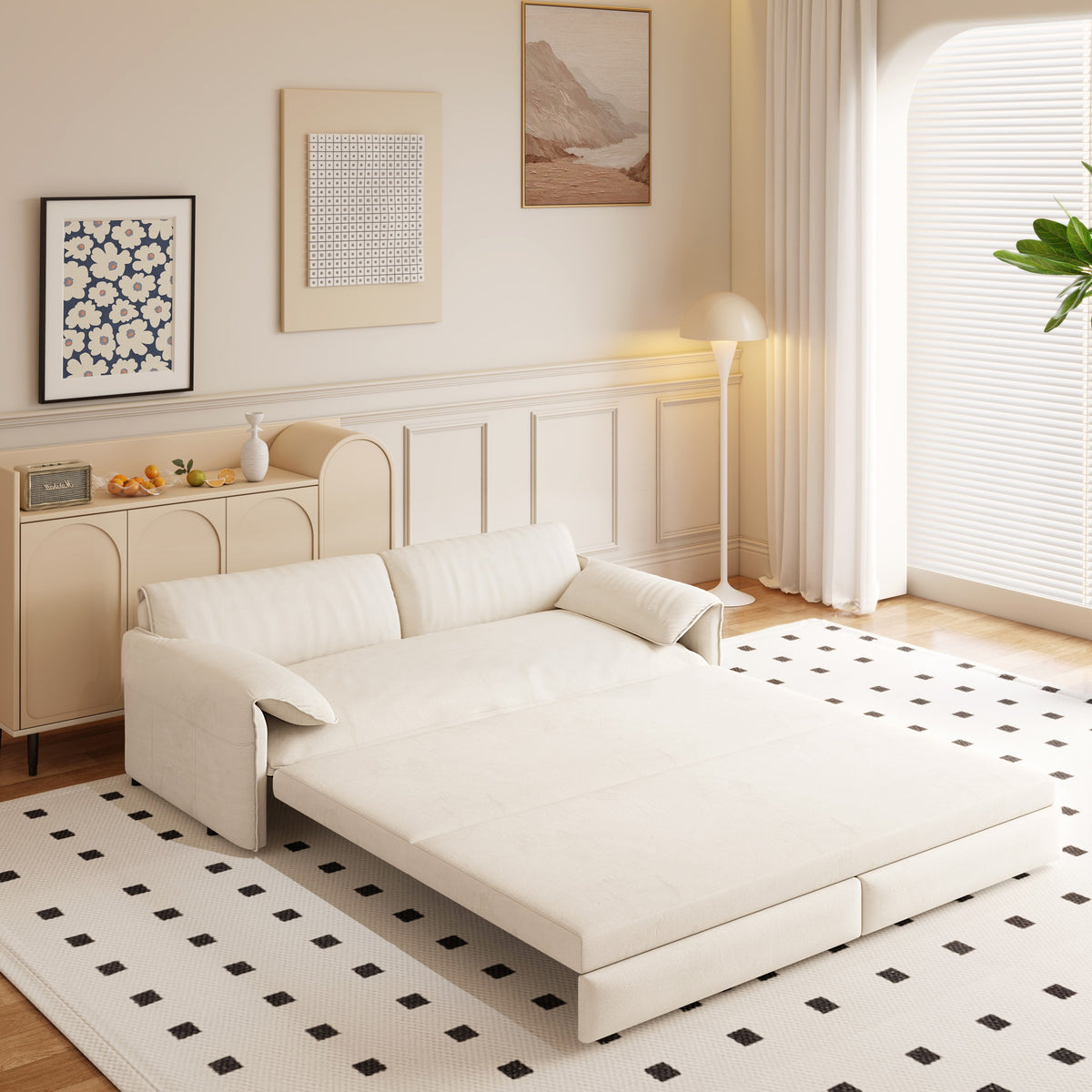 Malvern convertible sleeper sofa in white velvet, upright as a sofa