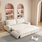 Quiron convertible sleeper sofa in beige and white velvet, upright as a sofa
