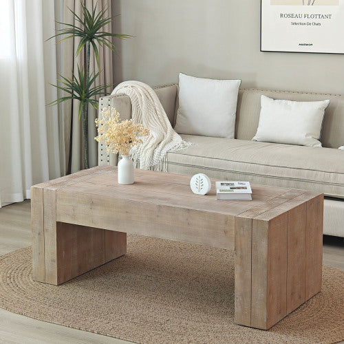 Girona rectangular coffee table in natural engineered wood, in a living room