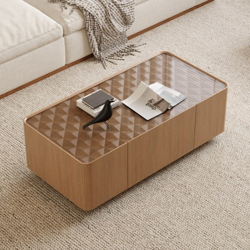 Kelso glass-top coffee table in natural walnut, in a living room