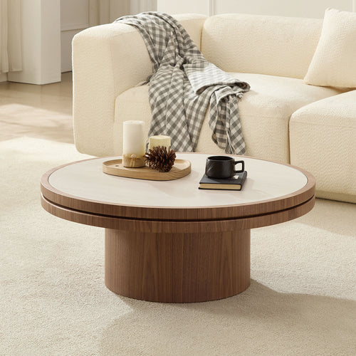 Eldin square coffee table in walnut on a pedestal base, in a living room