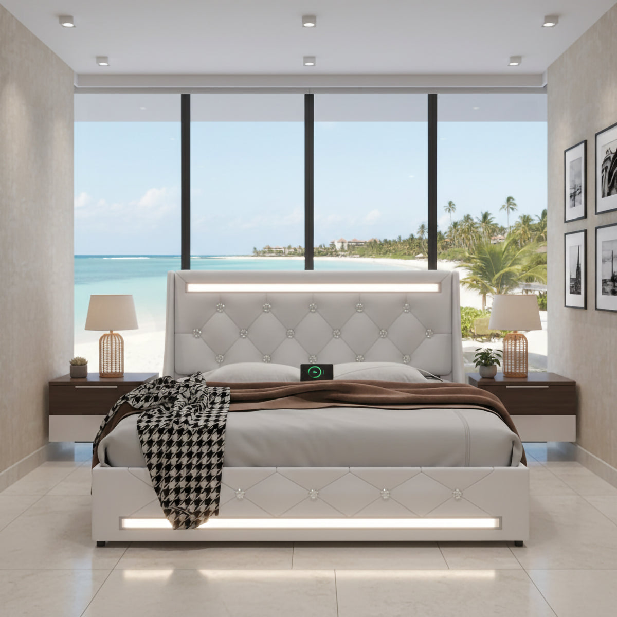 Aldeburgh LED platform bed with diamond-tufted headboard