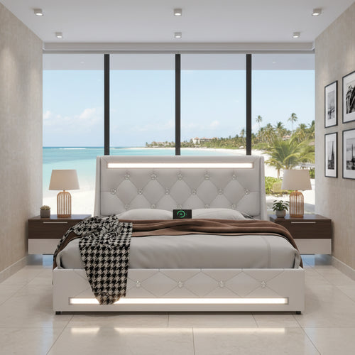 Aldeburgh LED platform bed with diamond-tufted headboard
