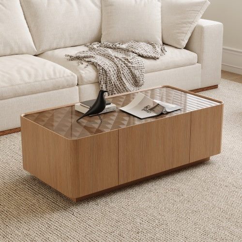 Kelso coffee table with the hidden drawers open