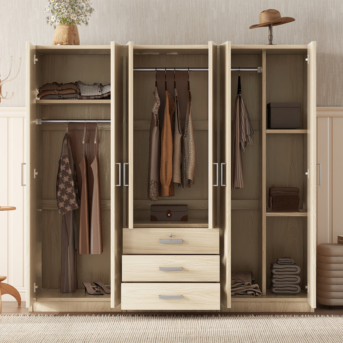 Yvoire six-door wardrobe in brown, in a bedroom