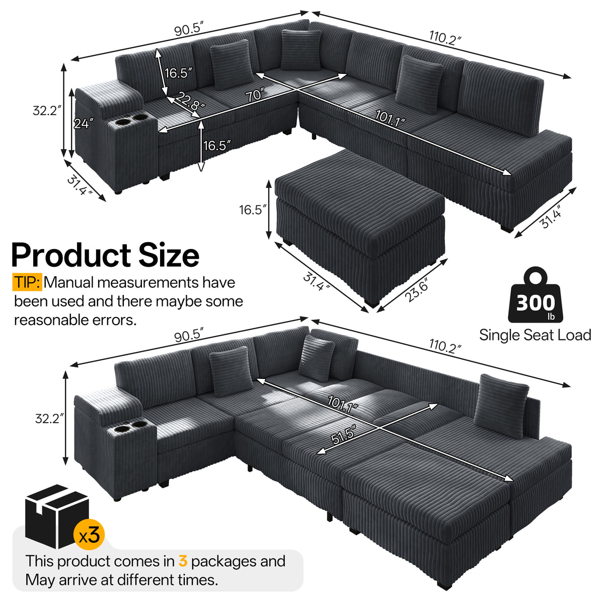 Ellery Storage Sectional, storage armrest and cup holders