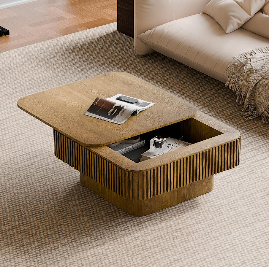 Zola square coffee table in brown, in a living room