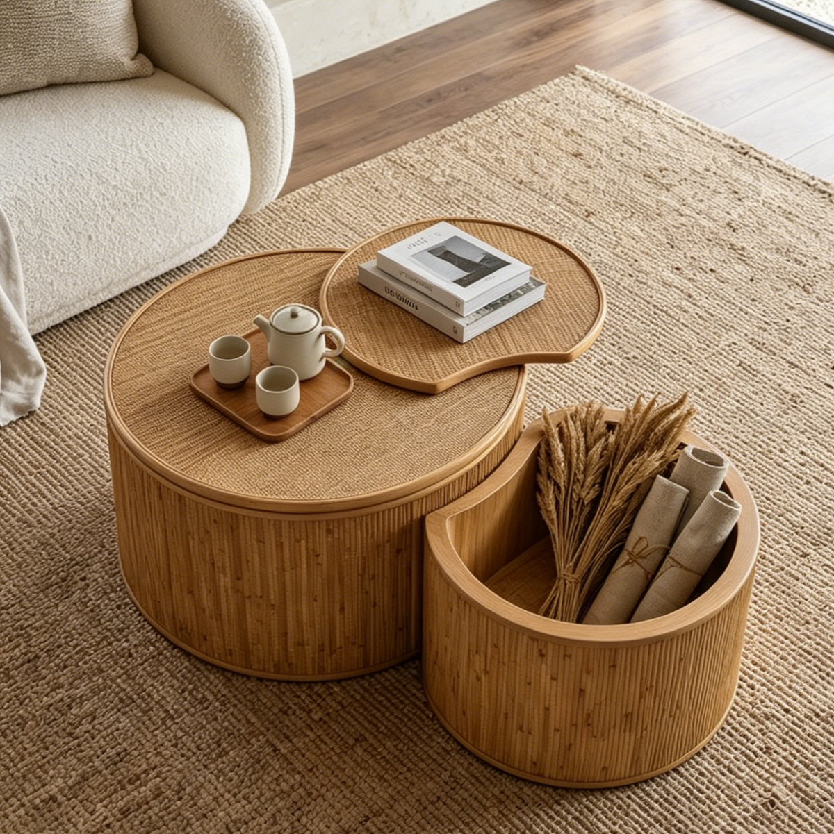 Zeller storage coffee table front view in natural finish