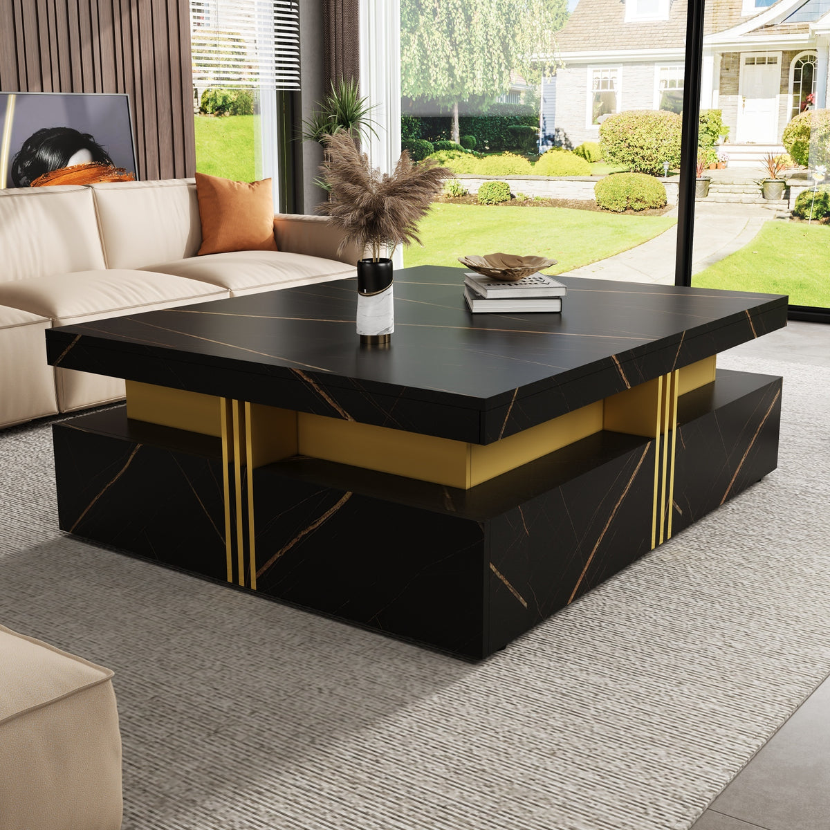 Ravel Marble Coffee Table in black, square