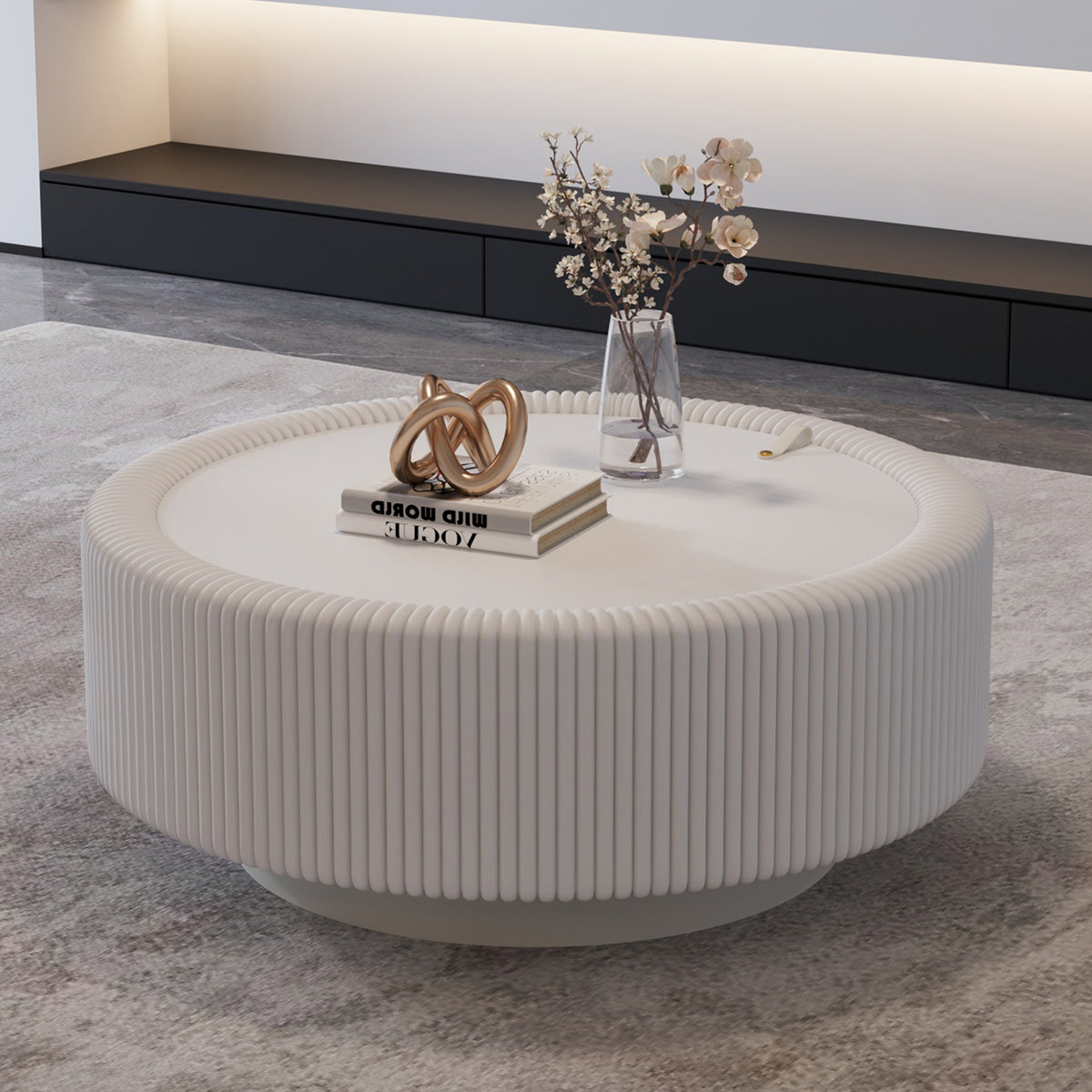 Ardenne fluted coffee table in white with a tempered glass top