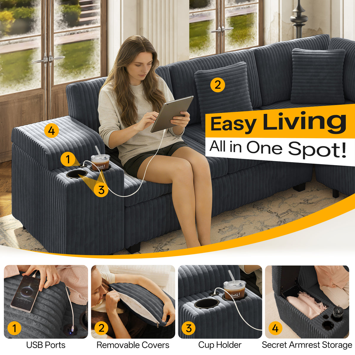 Ellery Storage Sectional, removable ottoman