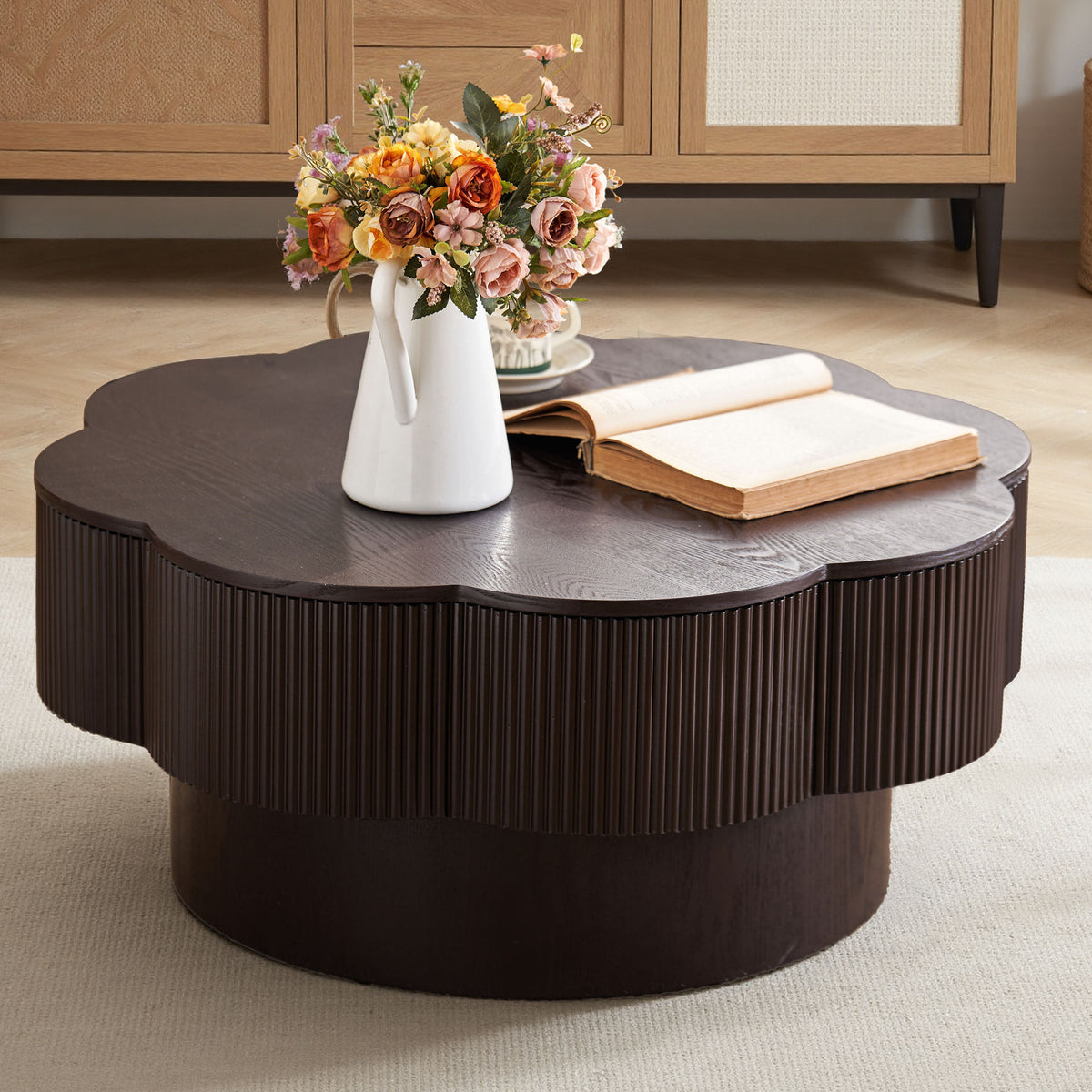Calder coffee table with the top converted open showing storage