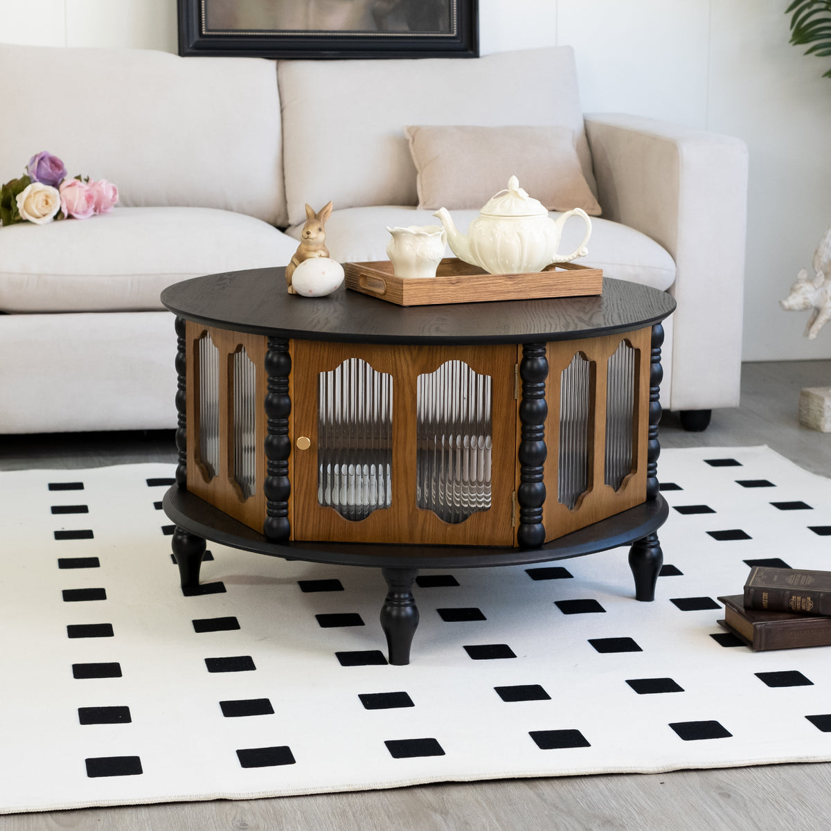 Tarn coffee table with the doors open showing the storage inside
