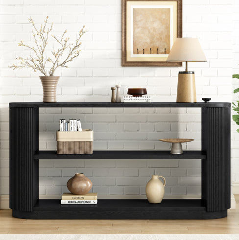 Vevey open-shelf console in black, solid wood and MDF