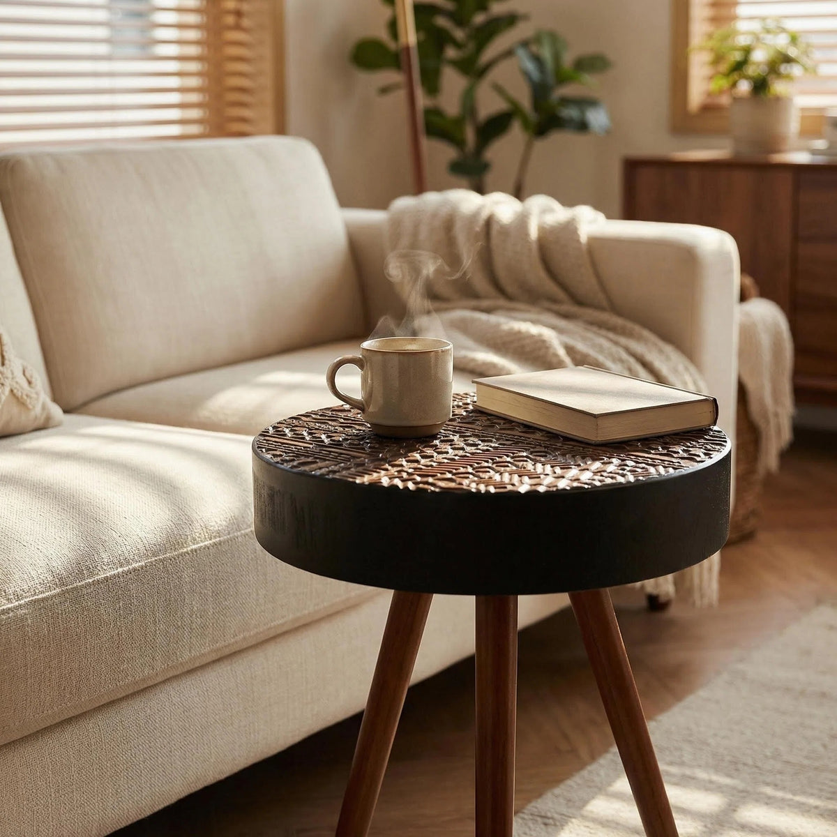 Saxon side table with the top open showing interior storage