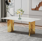 Zennor marble-pattern glass dining table in gold and white