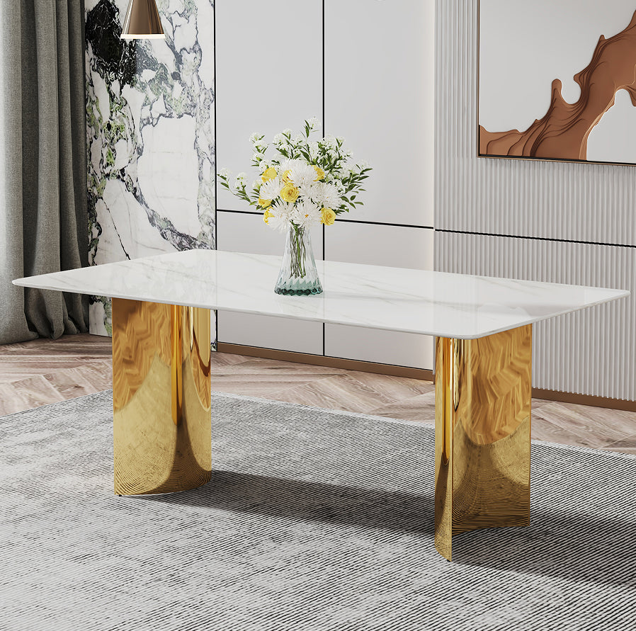 Zennor marble-pattern glass dining table in gold and white