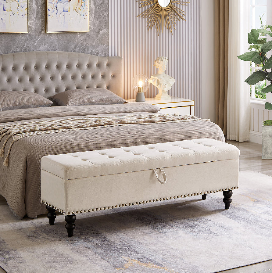 Fenwick linen bed bench in beige at the foot of a bed