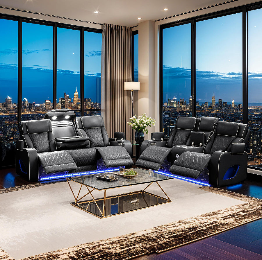 Quilon reclining sofa set in black faux leather