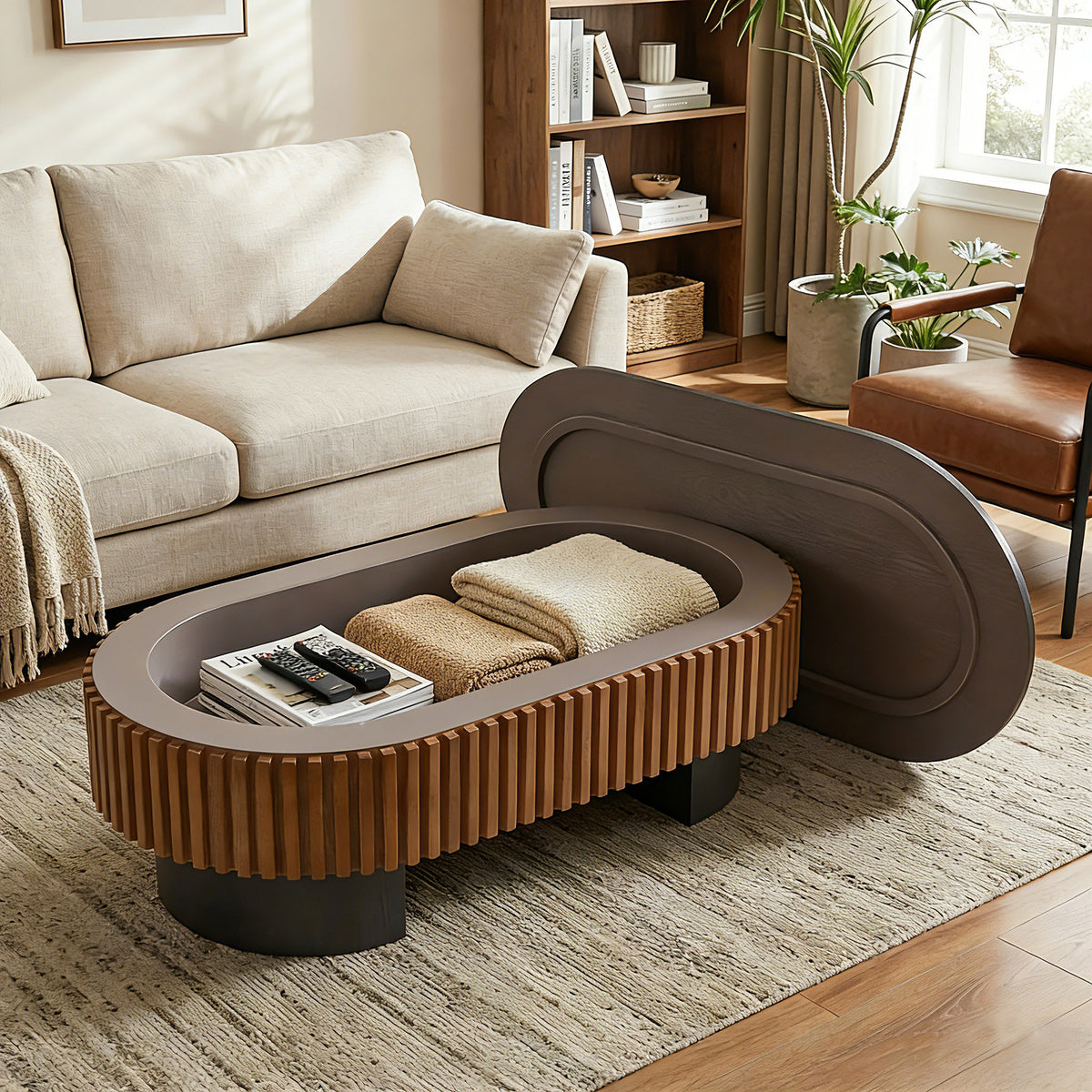 Riva coffee table with the top removed showing the storage inside