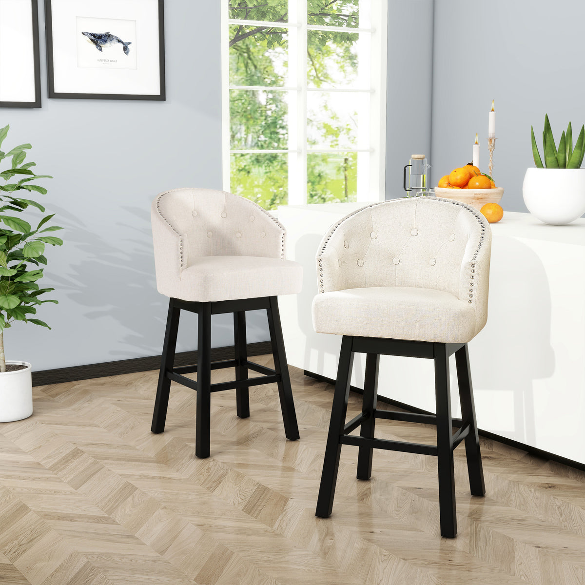 Thurso bar stool in beige fabric, nailhead trim detail