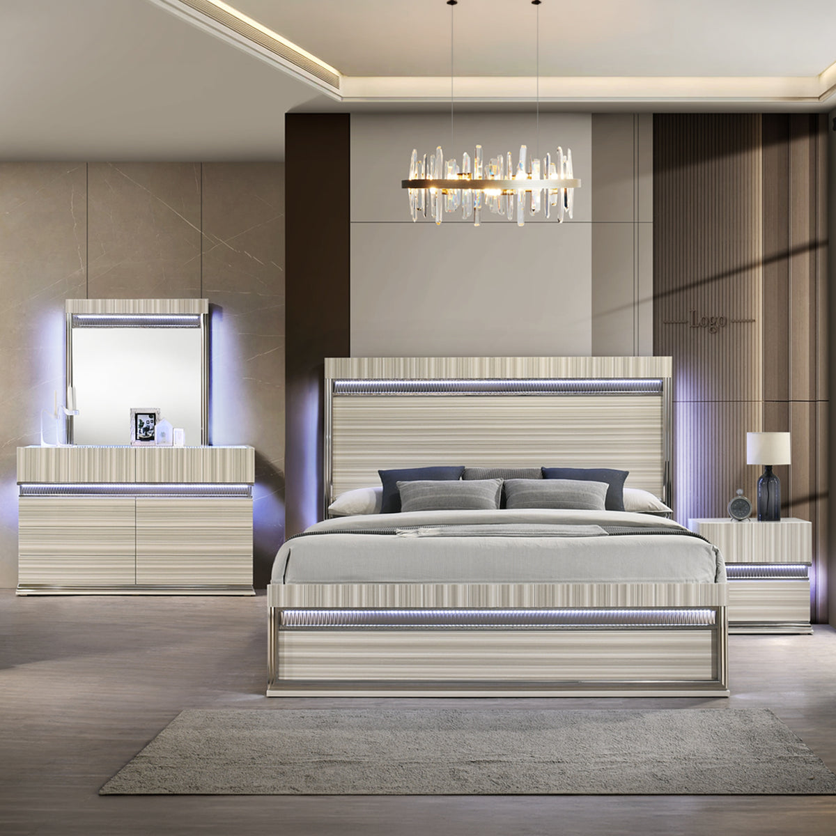Sennen four-piece bedroom set in grey and wood
