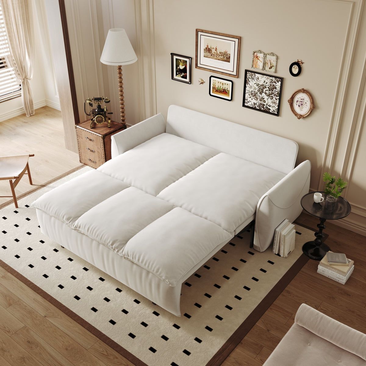 Nevis foldable sleeper sofa in beige and white velvet, upright as a sofa