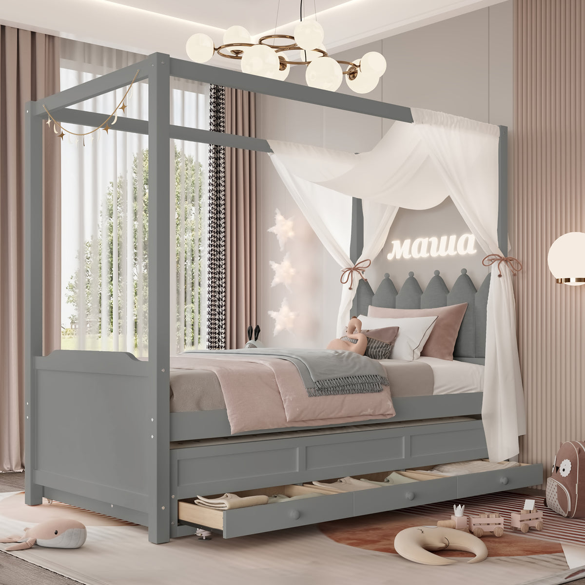 Whitby canopy platform bed in dark grey
