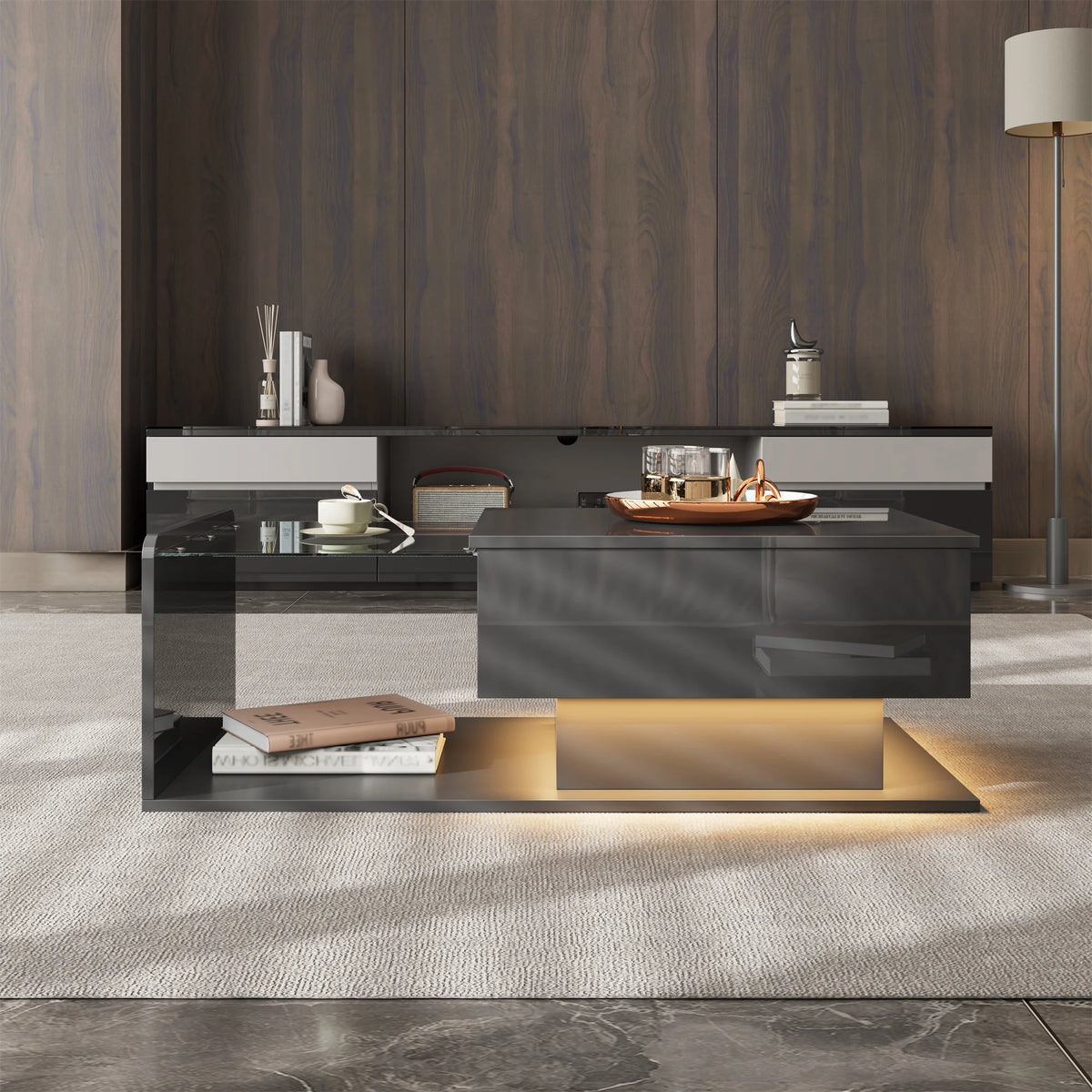 Wexford coffee table side profile showing the adjustable mechanism