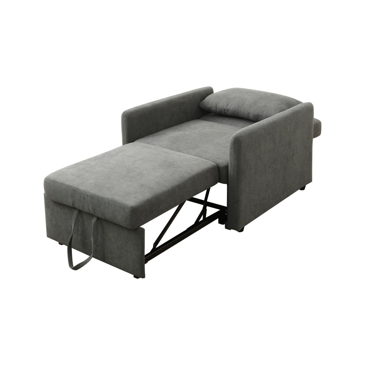 Pelham chair in dark grey, folded out flat as a single bed