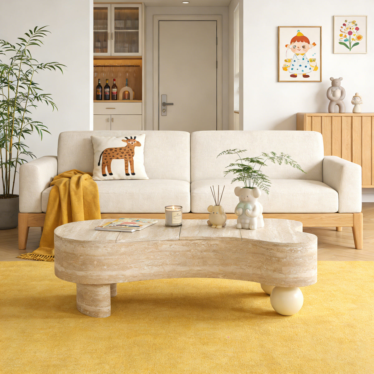 Dovre irregular coffee table in beige and brown, in a living room