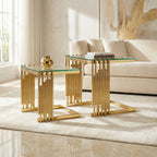 Vasari glass and gold metal tables, set of two, in a living room