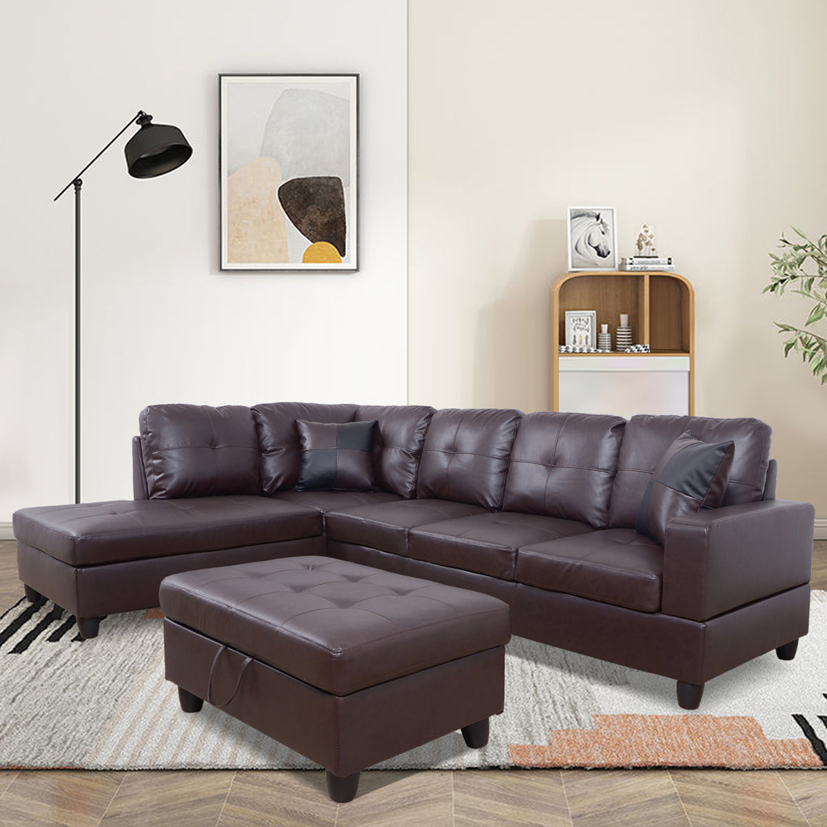 Lindau Leather Sleeper Sectional, converted to bed