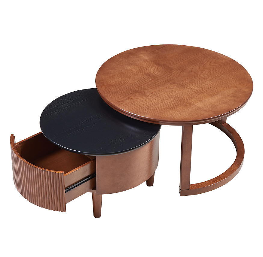 Delvaux round coffee table in walnut, styled in a living room
