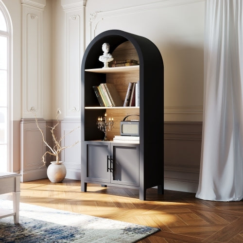 Cavill bookcase with the arched doors open showing three tiers