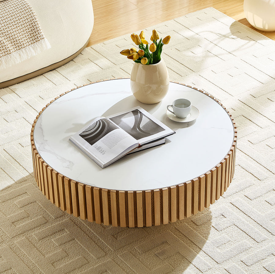 Harlow sintered stone coffee table styled beside a sofa