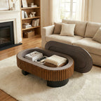 Riva elliptical coffee table styled beside a sofa