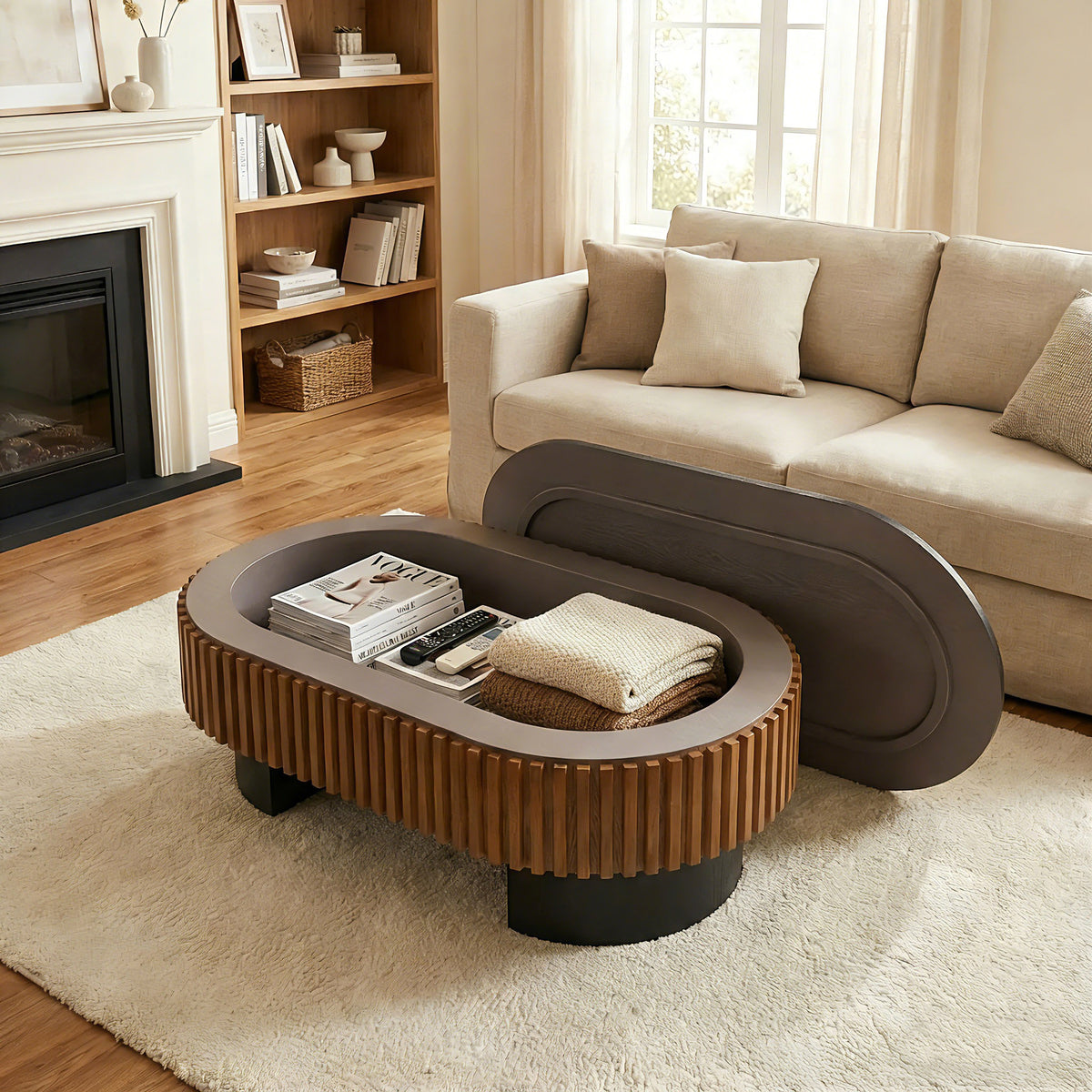 Riva elliptical coffee table styled beside a sofa