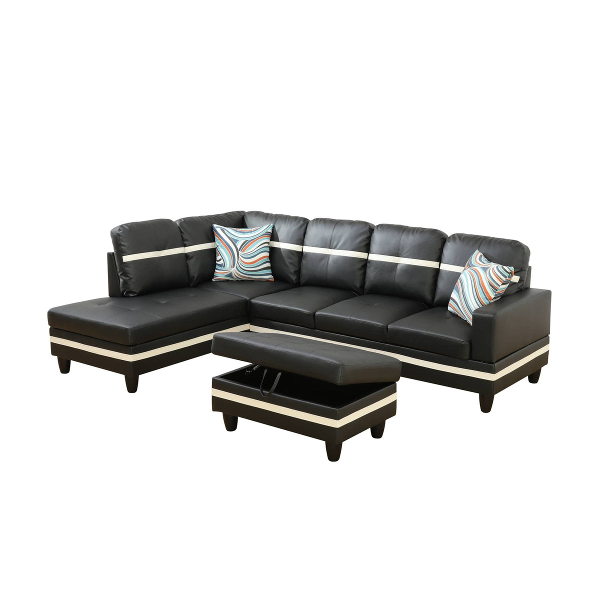 Jesmond leather corner sectional in black, in a living room