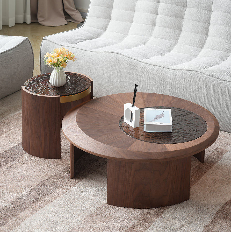 Ymir round coffee table set in brown, pieces stacked together