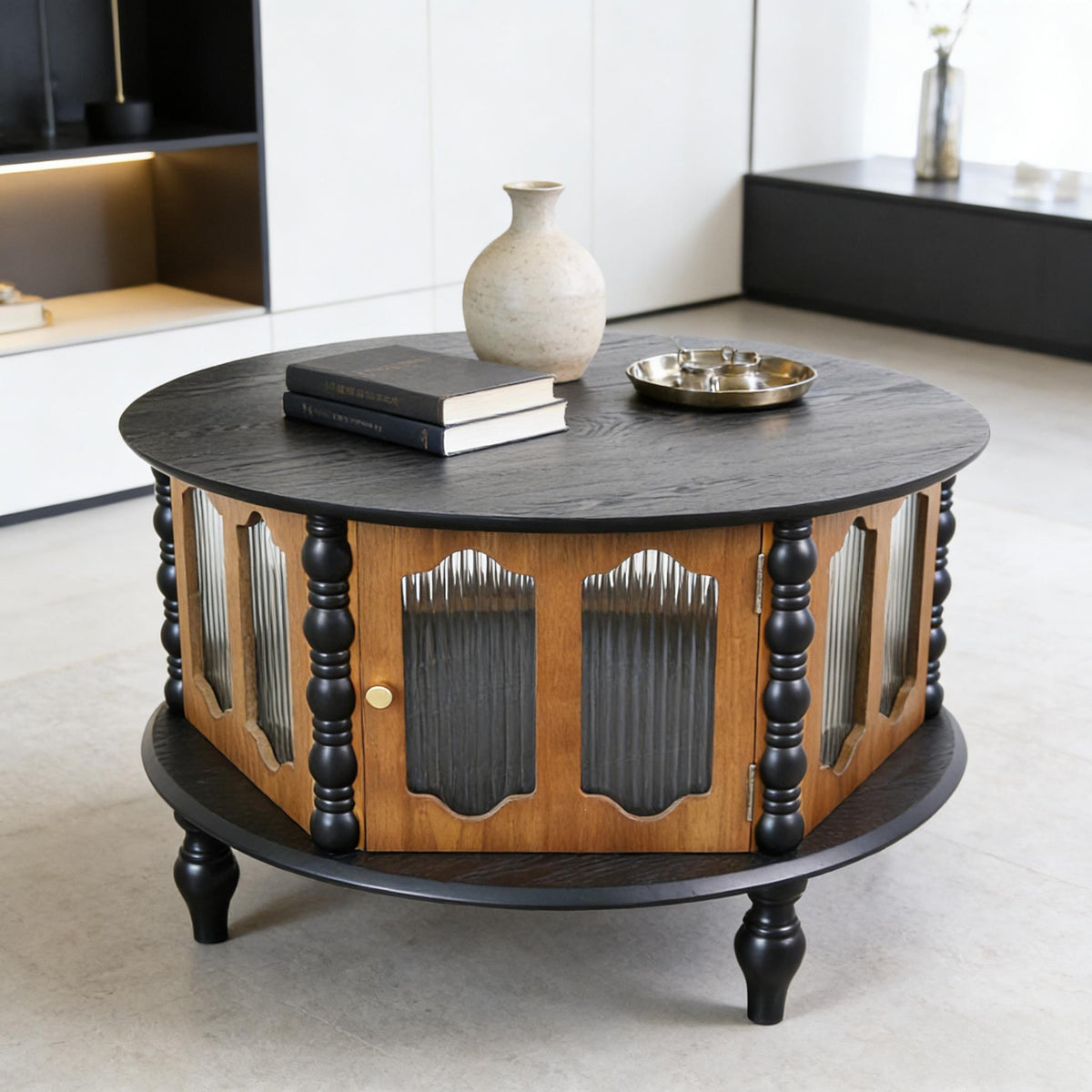 Tarn round storage coffee table styled beside a sofa