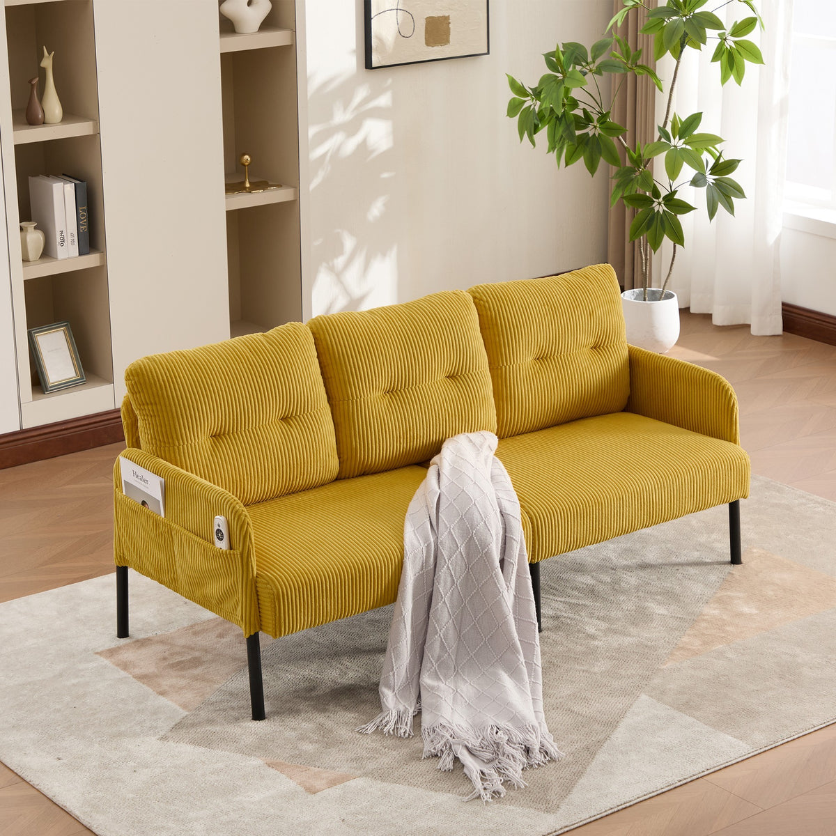 Dunbar corduroy loveseat in mustard yellow