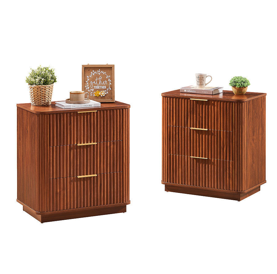 Thorne nightstands in walnut, shown as a pair beside a bed