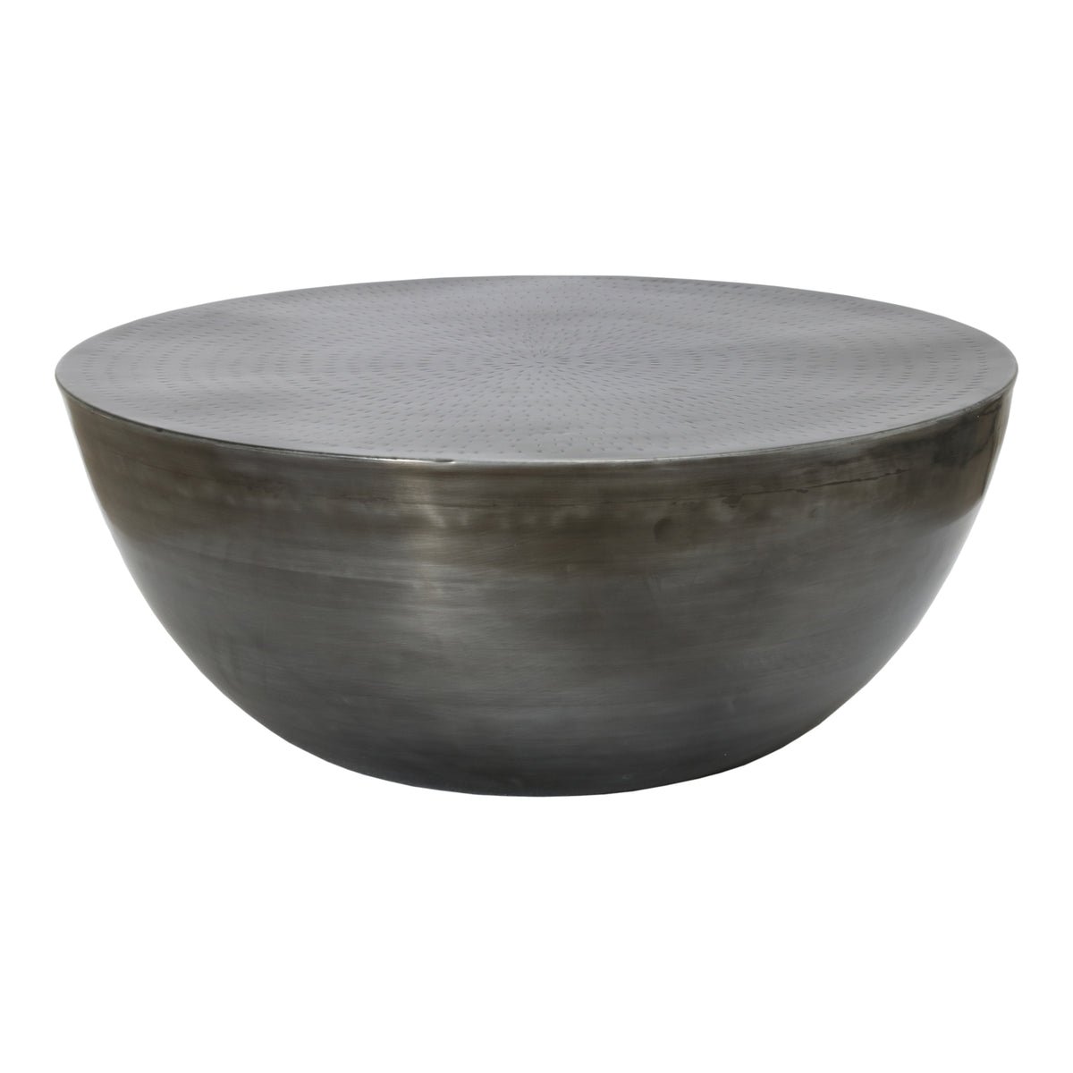 Corniche round metal coffee table side profile showing the low height