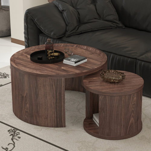 Mirren round nesting tables in walnut, nested together in a living room