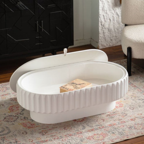 Iseo fluted storage coffee table in cream white, in a living room