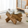 Sable glass coffee table with natural wood frame in a living room