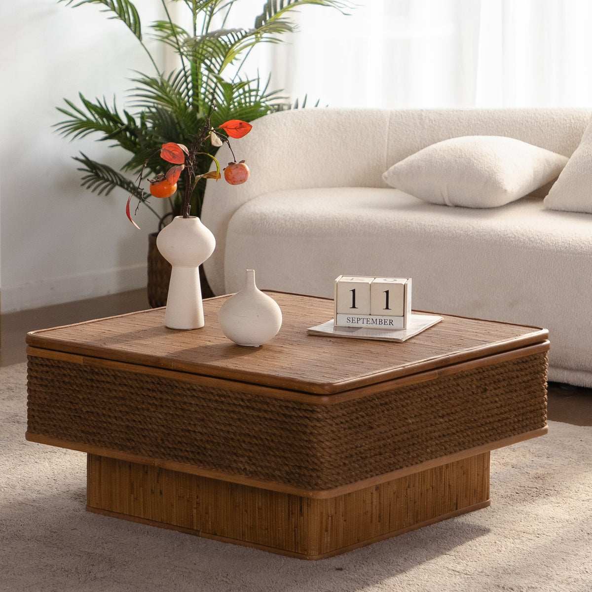 Winslow coffee table woven rattan surface detail