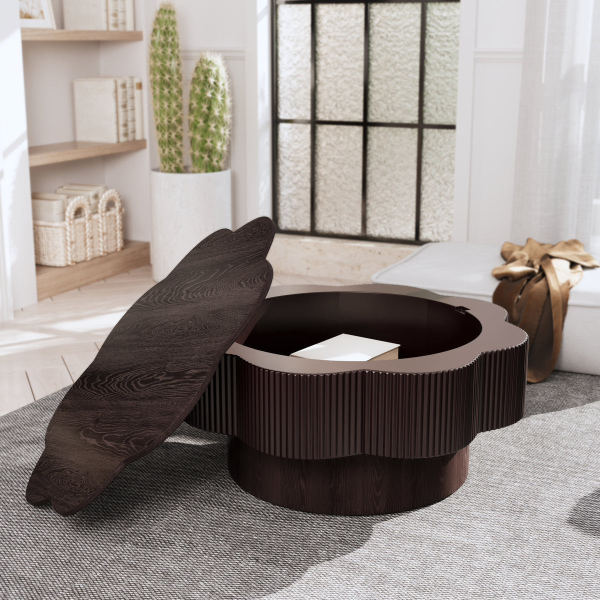 Calder storage coffee table in dark brown, in a living room
